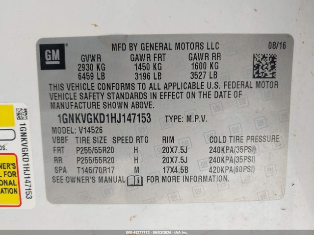 Продажа на аукционе авто 2017 Chevrolet Traverse 1lt, vin: 1GNKVGKD1HJ147153, номер лота: 45277772