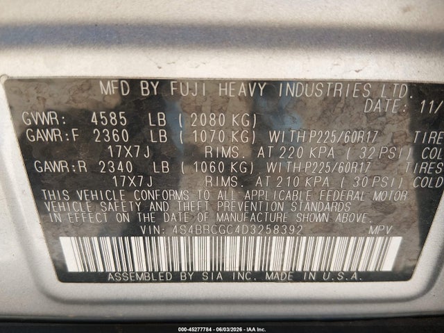 Aukcja sprzedaży 2013 Subaru Outback 2.5i Premium, vin: 4S4BRCGC4D3258392, numer aukcji: 45277784