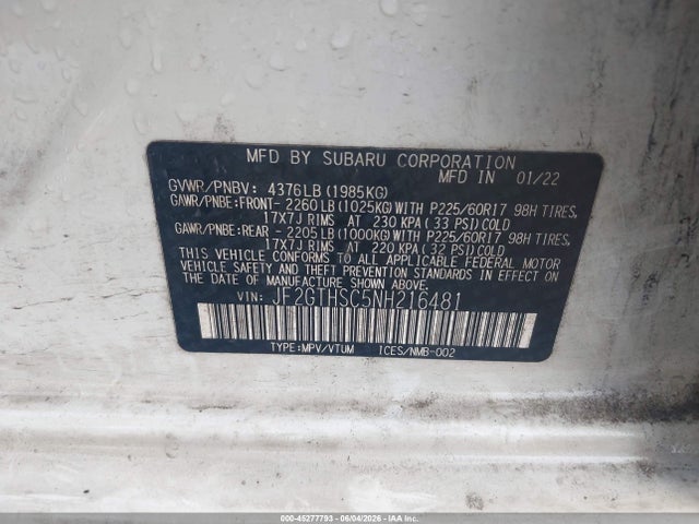 2022 Subaru Crosstrek Sport მანქანა იყიდება აუქციონზე, vin: JF2GTHSC5NH216481, აუქციონის ნომერი: 45277793