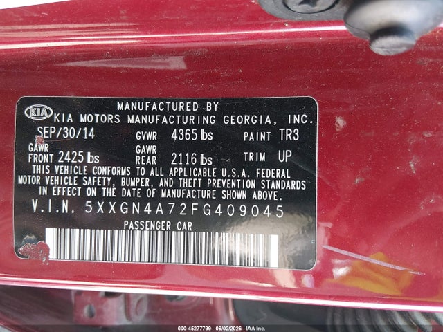 2015 Kia Optima Ex მანქანა იყიდება აუქციონზე, vin: 5XXGN4A72FG409045, აუქციონის ნომერი: 45277799