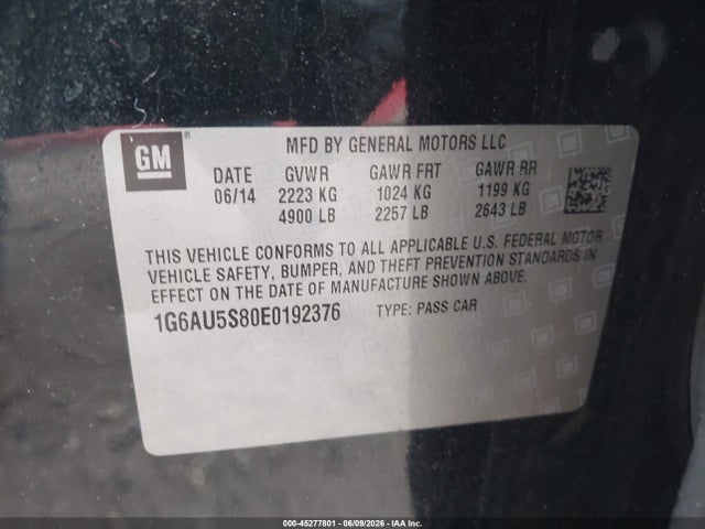 45277801 :رقم المزاد ، 1G6AU5S80E0192376 vin ، 2014 Cadillac Cts Vsport مزاد بيع