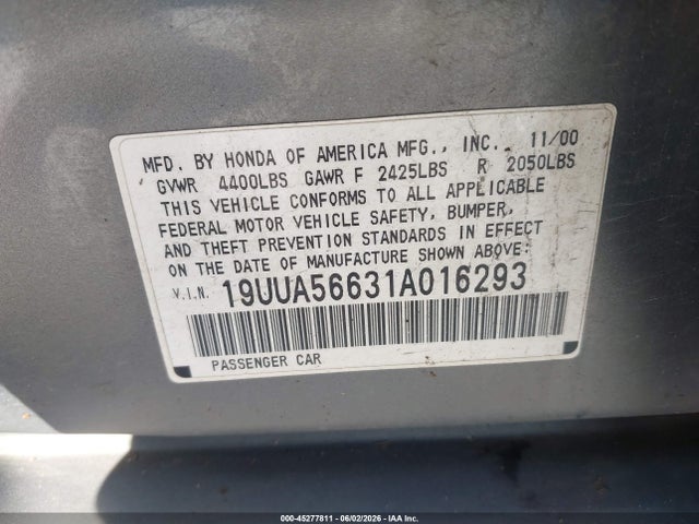 45277811 :رقم المزاد ، 19UUA56631A016293 vin ، 2001 Acura Tl 3.2 مزاد بيع