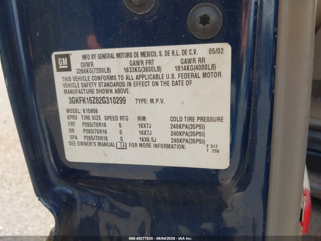 2002 Gmc Yukon Xl 1500 Slt მანქანა იყიდება აუქციონზე, vin: 3GKFK16Z82G310299, აუქციონის ნომერი: 45277830
