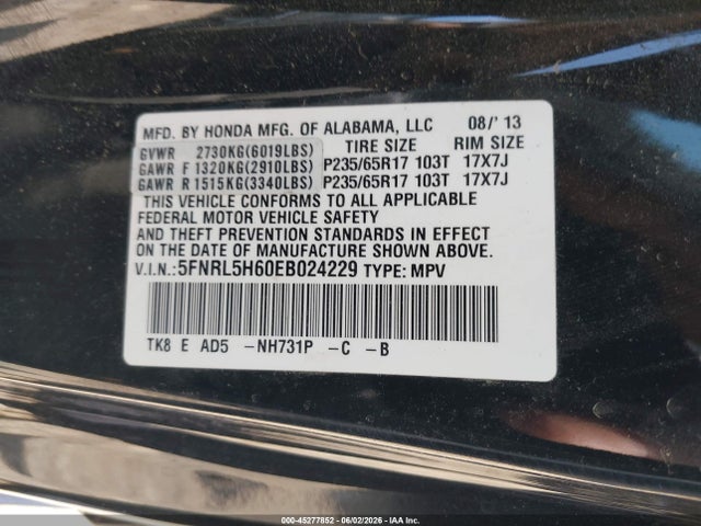 45277852 :رقم المزاد ، 5FNRL5H60EB024229 vin ، 2014 Honda Odyssey Ex-l مزاد بيع