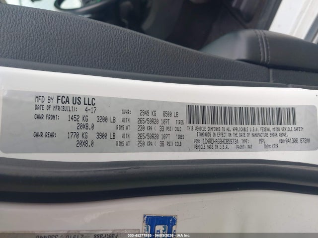 45277855 :رقم المزاد ، 1C4RDHAG9HC859734 vin ، 2017 Dodge Durango Sxt Rwd مزاد بيع