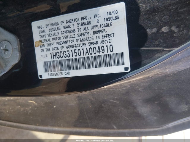 2001 Honda Accord 2.3 Ex მანქანა იყიდება აუქციონზე, vin: 1HGCG31501A004910, აუქციონის ნომერი: 45277857