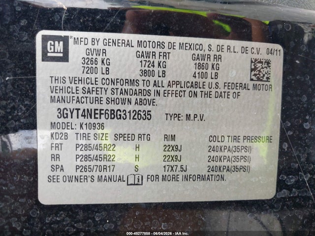 2011 Cadillac Escalade Ext Premium მანქანა იყიდება აუქციონზე, vin: 3GYT4NEF6BG312635, აუქციონის ნომერი: 45277858