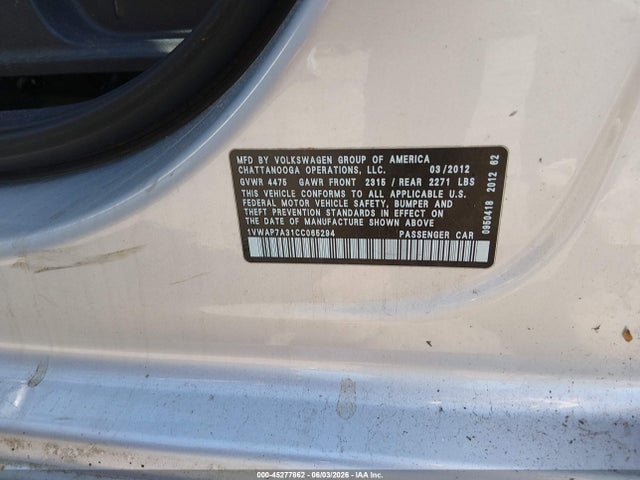 Auction sale of the 2012 Volkswagen Passat S, vin: 1VWAP7A31CC065294, lot number: 45277862