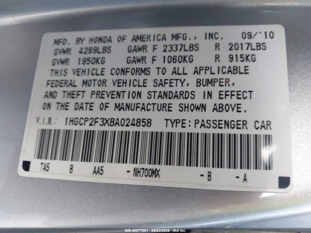 Aukcja sprzedaży 2011 Honda Accord 2.4 Lx, vin: 1HGCP2F3XBA024858, numer aukcji: 45277881