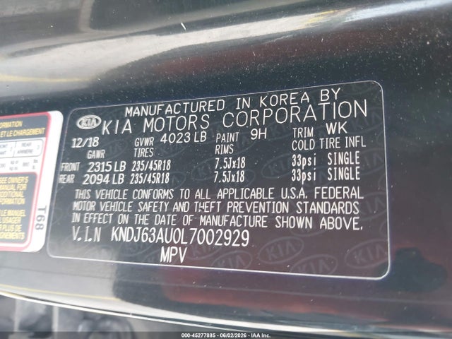 45277885 :رقم المزاد ، KNDJ63AU0L7002929 vin ، 2020 Kia Soul Gt-line مزاد بيع