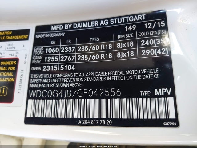 Aukcja sprzedaży 2016 Mercedes-benz Glc 300, vin: WDC0G4JB7GF042556, numer aukcji: 45277891