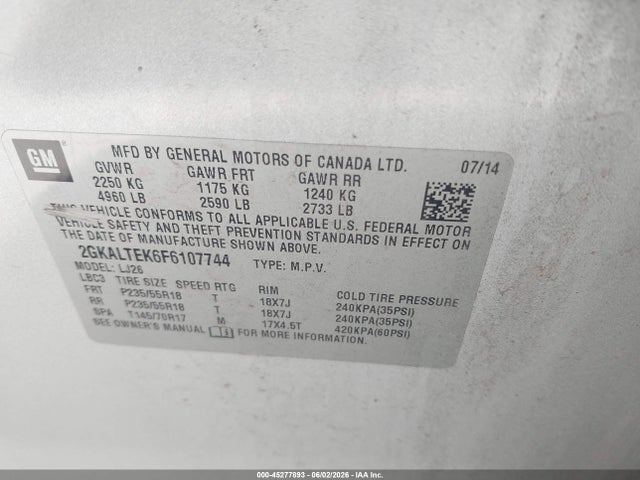 Aukcja sprzedaży 2015 Gmc Terrain Slt-2, vin: 2GKALTEK6F6107744, numer aukcji: 45277893