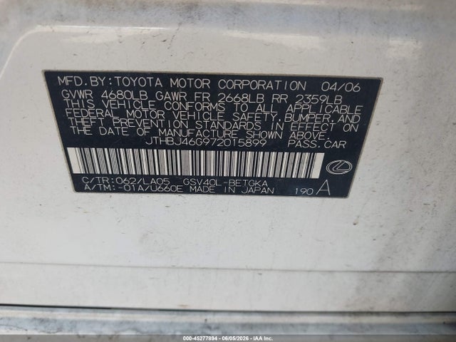 Aukcja sprzedaży 2007 Lexus Es 350, vin: JTHBJ46G972015899, numer aukcji: 45277894