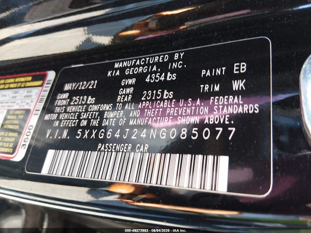 Aukcja sprzedaży 2022 Kia K5 Gt-line, vin: 5XXG64J24NG085077, numer aukcji: 45277902
