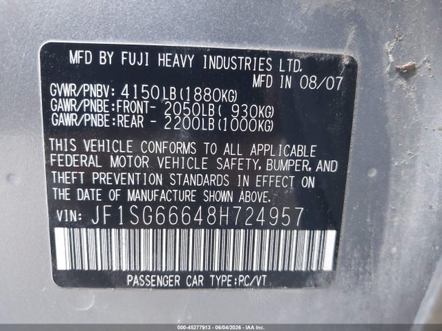 2008 Subaru Forester Sports 2.5x მანქანა იყიდება აუქციონზე, vin: JF1SG66648H724957, აუქციონის ნომერი: 45277913