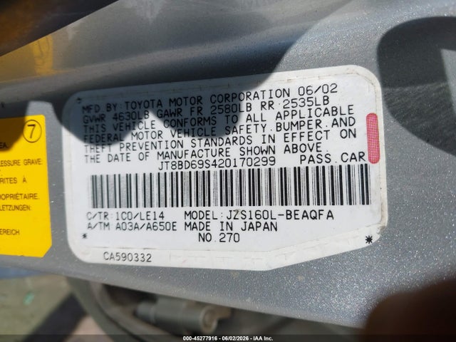 Aukcja sprzedaży 2002 Lexus Gs 300, vin: JT8BD69S420170299, numer aukcji: 45277916