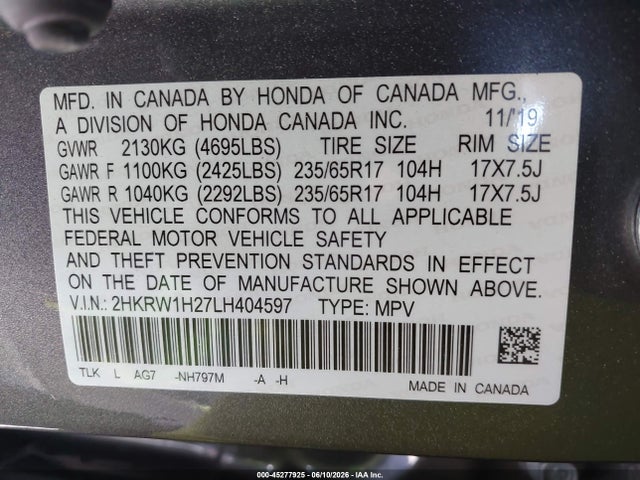 2020 Honda Cr-v 2wd Lx მანქანა იყიდება აუქციონზე, vin: 2HKRW1H27LH404597, აუქციონის ნომერი: 45277925