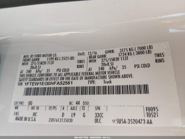 45277926 :رقم المزاد ، 1FTEW1EG0HFA52561 vin ، 2017 Ford F-150 Lariat مزاد بيع
