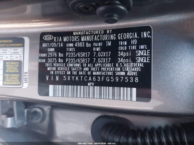 2015 Kia Sorento Lx მანქანა იყიდება აუქციონზე, vin: 5XYKTCA63FG597538, აუქციონის ნომერი: 45277930