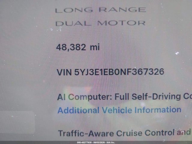 Aukcja sprzedaży 2022 Tesla Model 3 Long Range Dual Motor All-wheel Drive, vin: 5YJ3E1EB0NF367326, numer aukcji: 45277939
