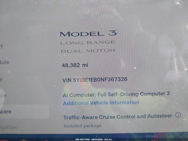 Aukcja sprzedaży 2022 Tesla Model 3 Long Range Dual Motor All-wheel Drive, vin: 5YJ3E1EB0NF367326, numer aukcji: 45277939
