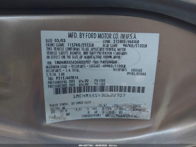 Aukcja sprzedaży 2003 Mercury Sable Ls Premium, vin: 1MEHM55S43G622707, numer aukcji: 45277941