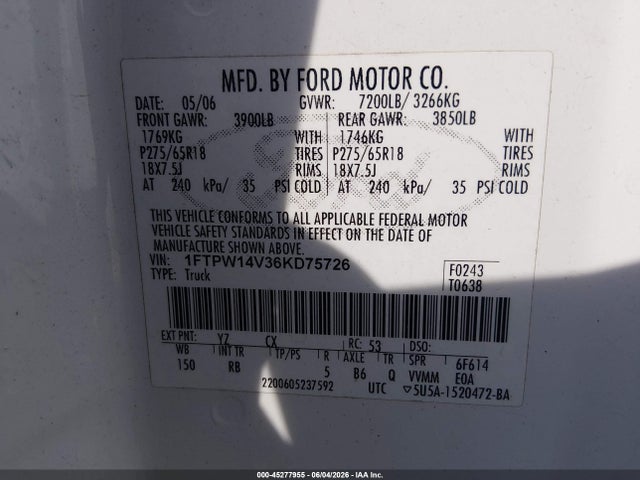 45277955 :رقم المزاد ، 1FTPW14V36KD75726 vin ، 2006 Ford F-150 Fx4/lariat/xlt مزاد بيع