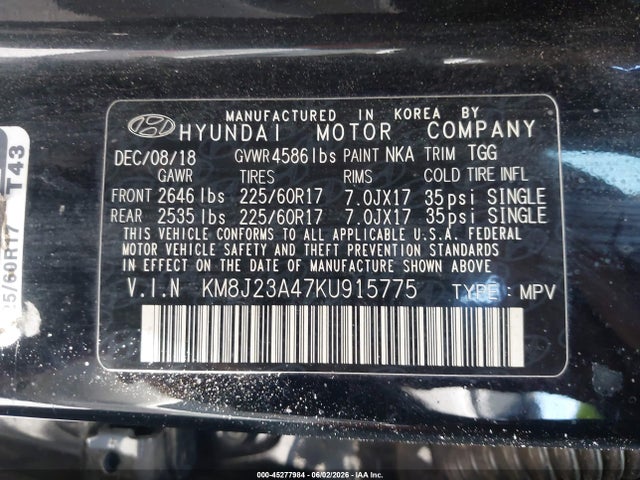 Aukcja sprzedaży 2019 Hyundai Tucson Se, vin: KM8J23A47KU915775, numer aukcji: 45277984