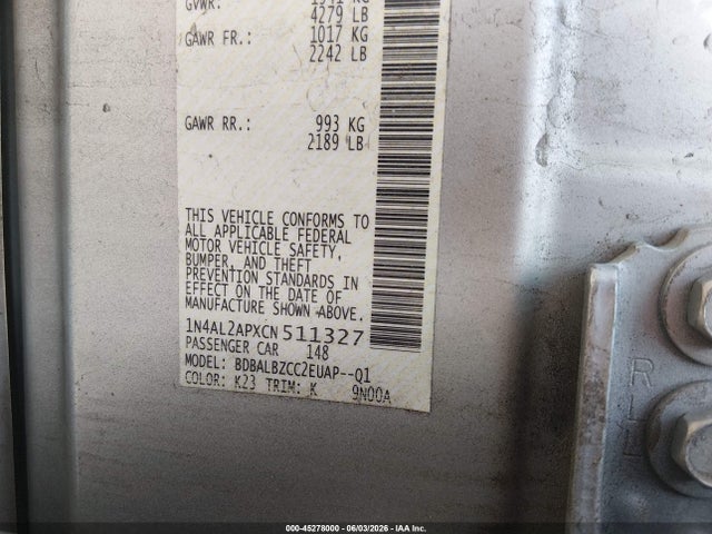 2012 Nissan Altima 2.5 S მანქანა იყიდება აუქციონზე, vin: 1N4AL2APXCN511327, აუქციონის ნომერი: 45278000