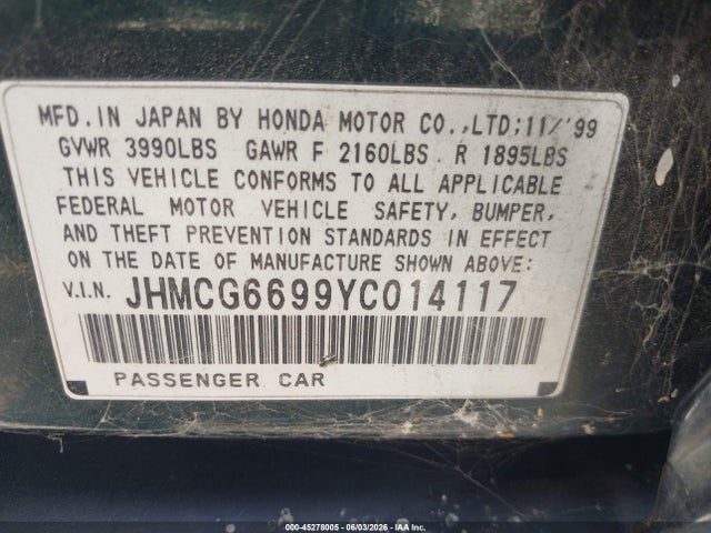 45278005 :رقم المزاد ، JHMCG6699YC014117 vin ، 2000 Honda Accord 2.3 Se مزاد بيع