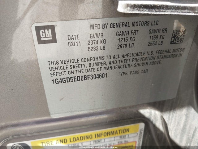 Aukcja sprzedaży 2011 Buick Lacrosse Cxl, vin: 1G4GD5ED0BF304601, numer aukcji: 45278006