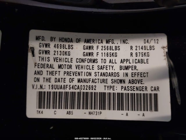 Aukcja sprzedaży 2012 Acura Tl 3.5, vin: 19UUA8F54CA032692, numer aukcji: 45278009
