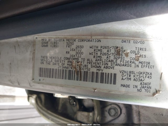 2000 Toyota 4runner Limited V6 მანქანა იყიდება აუქციონზე, vin: JT3HN87R1Y0300752, აუქციონის ნომერი: 45278011