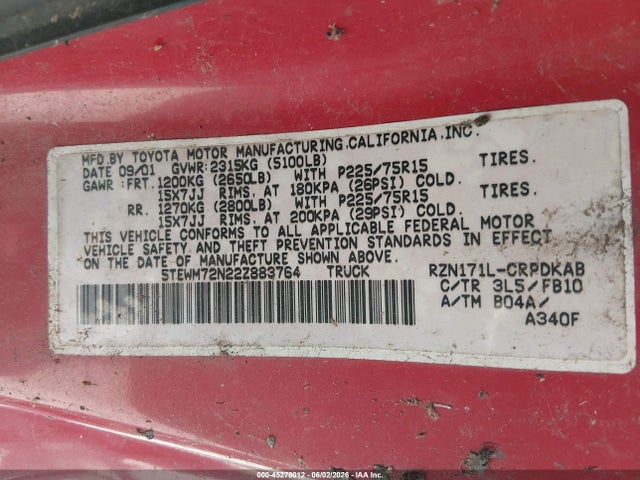 45278012 :رقم المزاد ، 5TEWM72N22Z883764 vin ، 2002 Toyota Tacoma مزاد بيع