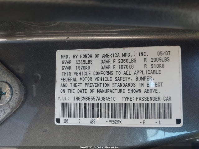 Продаж на аукціоні авто 2007 Honda Accord 3.0 Ex, vin: 1HGCM66557A084510, номер лоту: 45278017