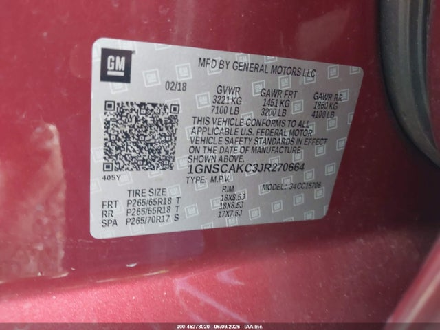 45278020 :رقم المزاد ، 1GNSCAKC3JR270664 vin ، 2018 Chevrolet Tahoe Ls مزاد بيع