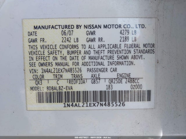 Продаж на аукціоні авто 2007 Nissan Altima 2.5 S, vin: 1N4AL21EX7N485526, номер лоту: 45278021