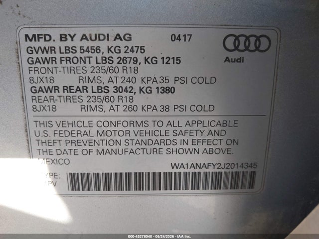 45278040 :رقم المزاد ، WA1ANAFY2J2014345 vin ، 2018 Audi Q5 2.0t Premium/2.0t Tech Premium مزاد بيع