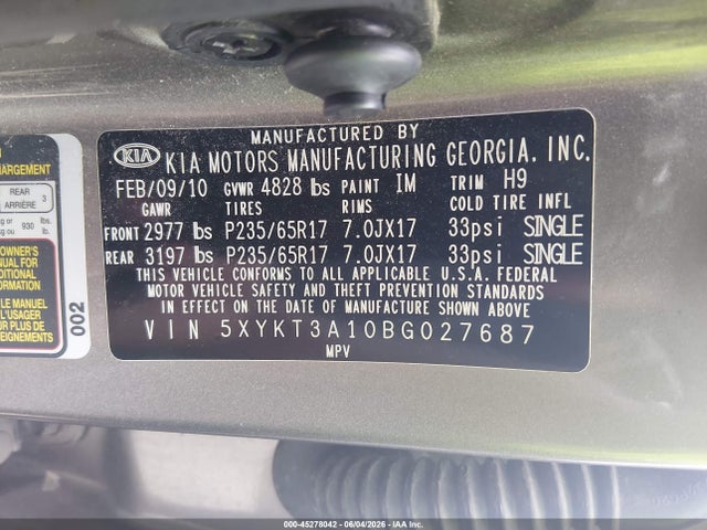 45278042 :رقم المزاد ، 5XYKT3A10BG027687 vin ، 2011 Kia Sorento Lx مزاد بيع