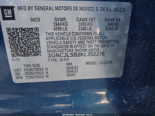 Aukcja sprzedaży 2019 Chevrolet Trax Lt, vin: 3GNCJLSB2KL352276, numer aukcji: 45278053
