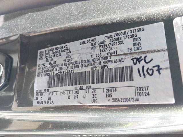 2002 Ford E-150 Xl/xlt მანქანა იყიდება აუქციონზე, vin: 1FMRE11L62HB34843, აუქციონის ნომერი: 45278061