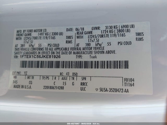 Aukcja sprzedaży 2018 Ford F-150 Xl, vin: 1FTEX1C56JKE81926, numer aukcji: 45278067