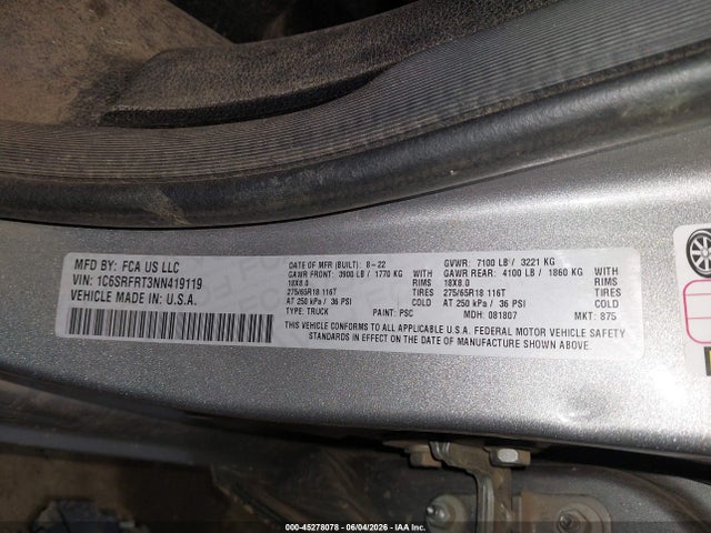 Продаж на аукціоні авто 2022 Ram 1500, vin: 1C6SRFRT3NN419119, номер лоту: 45278078