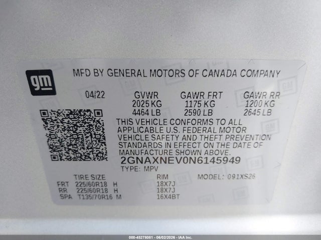 2GNAXNEV0N6145949 Chevrolet Equinox Fwd Premier