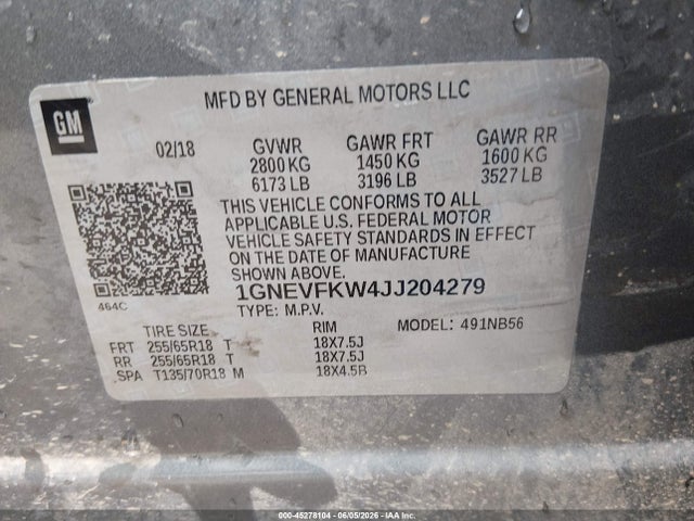 45278104 :رقم المزاد ، 1GNEVFKW4JJ204279 vin ، 2018 Chevrolet Traverse Ls مزاد بيع