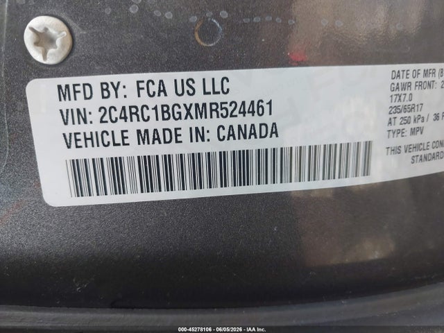 45278106 :رقم المزاد ، 2C4RC1BGXMR524461 vin ، 2021 Chrysler Pacifica Touring L مزاد بيع