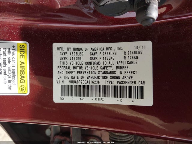 Продаж на аукціоні авто 2012 Acura Tl 3.5, vin: 19UUA8F20CA016236, номер лоту: 45278109
