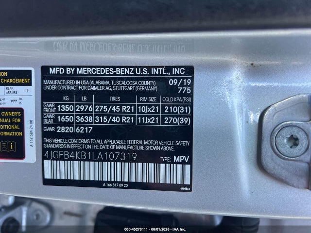 2020 Mercedes-benz Gle 350 4matic მანქანა იყიდება აუქციონზე, vin: 4JGFB4KB1LA107319, აუქციონის ნომერი: 45278111