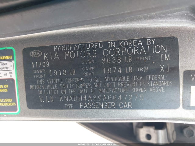 Aukcja sprzedaży 2010 Kia Rio Lx, vin: KNADH4A39A6647275, numer aukcji: 45278120