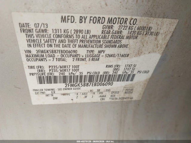 45278129 :رقم المزاد ، 2FMGK5B87EBD06090 vin ، 2014 Ford Flex Se مزاد بيع